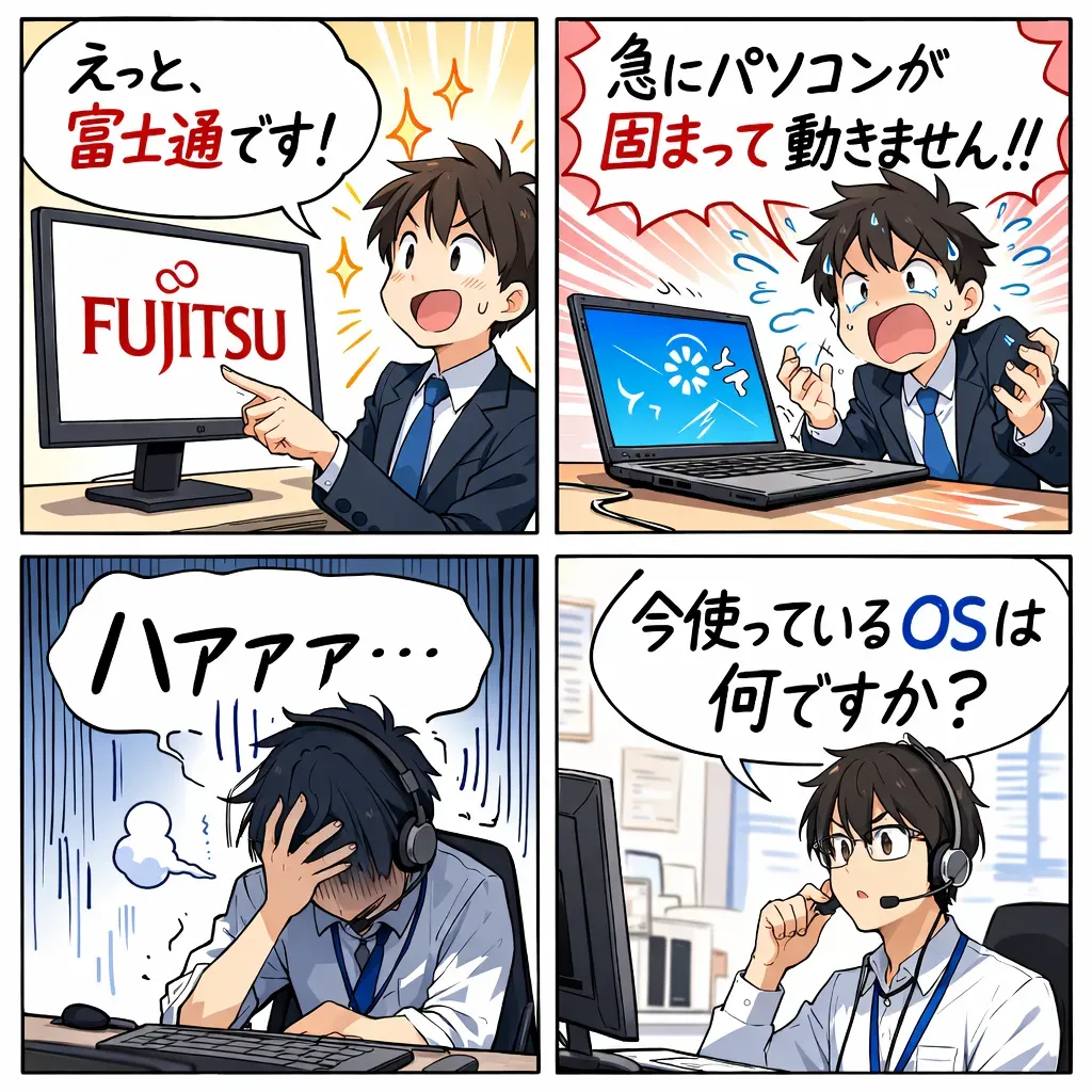 OSを物理的なモニターのメーカー名だと勘違いしてしまう新入社員を表した4コマ漫画