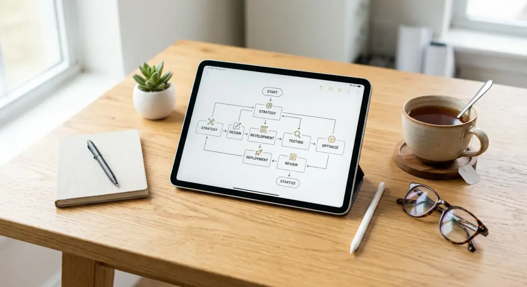 タブレットの画面に表示された、複雑なフローチャートやビジネススキームの図。その横にはお茶とメガネが置かれ、知的で整理された作業環境を表現している。