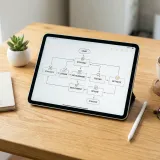 タブレットの画面に表示された、複雑なフローチャートやビジネススキームの図。その横にはお茶とメガネが置かれ、知的で整理された作業環境を表現している。