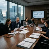 方針決定や諮問を行う公式な委員会(コミッティ)を象徴する、長く磨き上げられた木製の会議テーブルに並んで座り、公式な紙の文書をレビューする真剣な顔つきのエグゼクティブたちの高品質な写真