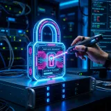 システムへ実際に攻撃して脆弱性を探るペネトレーションテストを象徴する、レーザーツールによって突破を試みられている光るネオンのロックの高品質画像