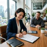 発注者がシステムなどの要件を満たしているか最終確認する受け入れテストを象徴する、明るいオフィスで納品書類に笑顔でサインをする顧客の高品質な写真