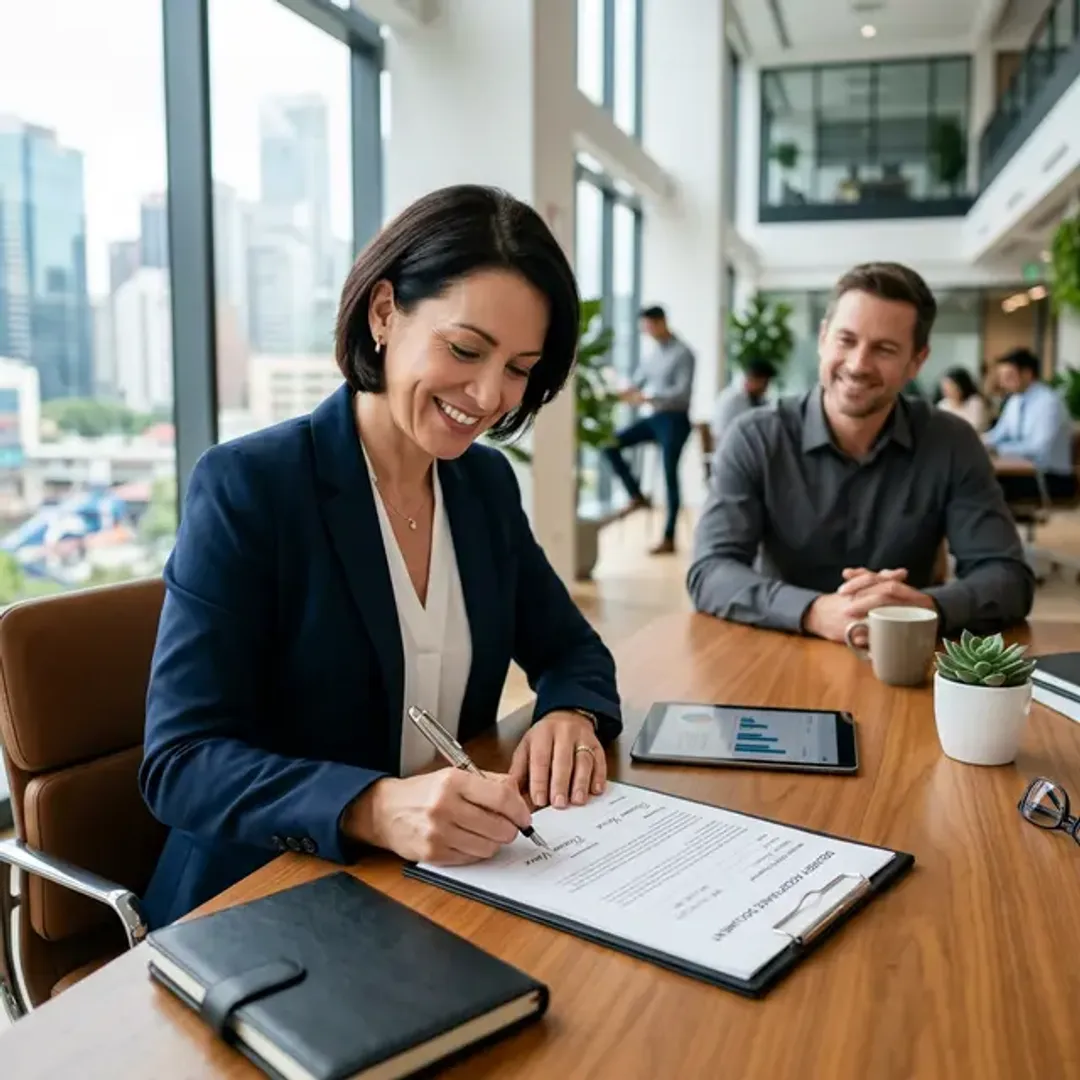 発注者がシステムなどの要件を満たしているか最終確認する受け入れテストを象徴する、明るいオフィスで納品書類に笑顔でサインをする顧客の高品質な写真