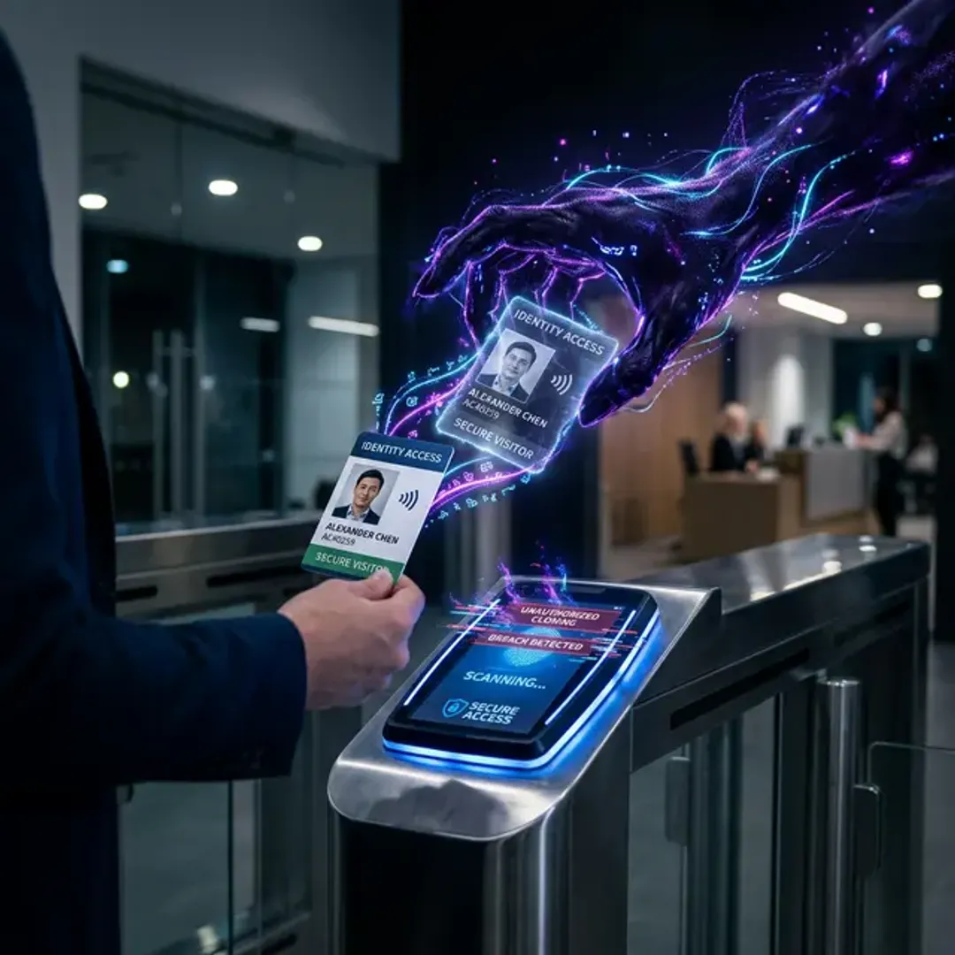 ユーザーの意図しないリクエストを強制するCSRFを象徴する、悪意のある影の手によってこっそりと認証バッジが複製される高品質な写真