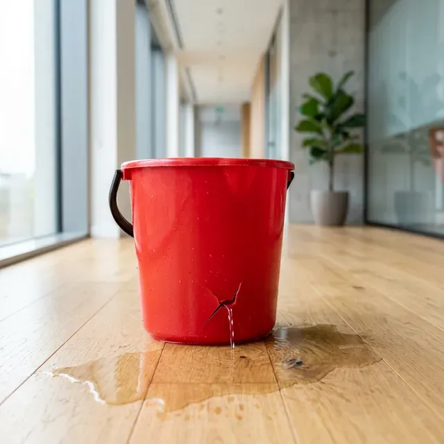 スタイリッシュなオフィスの床に置かれた、底が割れて大きな穴が空いている真っ赤なバケツ。そこから水がポタポタと床に漏れ出ている様子で、顧客がどんどん解約して流出していく「チャーン（解約）」の恐ろしさを象徴するイメージ