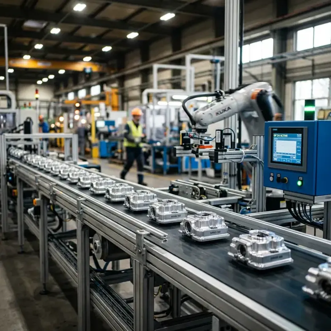 実行中のプログラムであるプロセスを象徴する、工場内で規則正しくスムーズに流れる組み立てコンベアベルトの高品質な写真