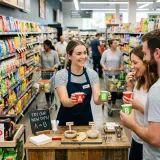 スーパーの試食コーナーで、店員が「A（赤色）」のソースと「B（緑色）」のソースを乗せたお肉をお客さんに差し出し、どちらがたくさん食べられるか（選ばれるか）をじっと観察して検証しているイメージ
