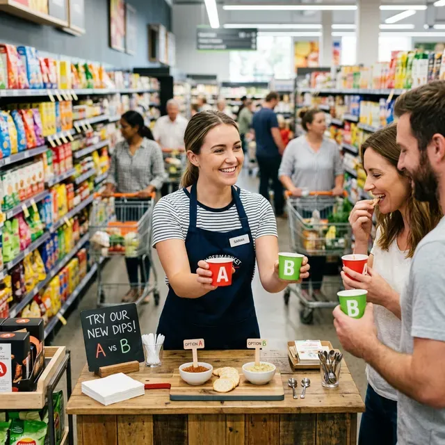 スーパーの試食コーナーで、店員が「A（赤色）」のソースと「B（緑色）」のソースを乗せたお肉をお客さんに差し出し、どちらがたくさん食べられるか（選ばれるか）をじっと観察して検証しているイメージ