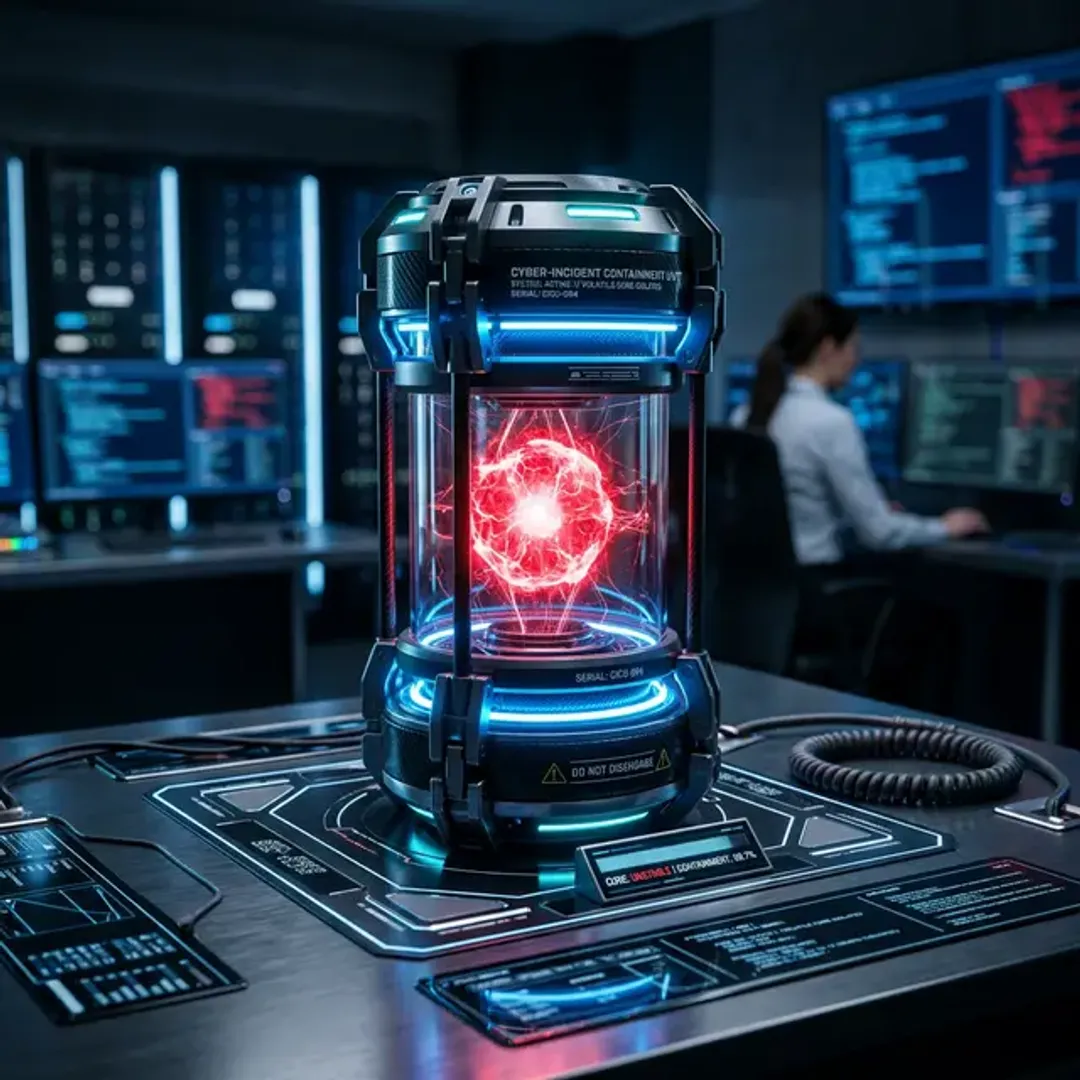 セキュリティインシデントに緊急対応するチームCSIRTを象徴する、専用の隔離容器で安全に危険なデジタルコアを封じ込める高品質な写真