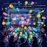パソコンやスマートフォンの画面の中でゲーム実況をしているお気に入りの配信者（推し）に向かって、視聴者たちが自分の名前が書かれた「ピカピカ光るデジタルのお札（札束）やコイン」を、応援のコメントと一緒に画面の向こうへとバンバン投げ込んでいる熱狂的なイメージ