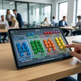 タブレット画面に映し出された、色分けされた人型のコマ（ミープル）。それぞれの社員のスキルや特性がグラフ化され、パズルを組み合わせるように最適なチーム編成を考えているイメージ