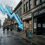 物価が下がり企業の業績が悪化する負のループを示すグラフと困窮する人々のイメージ