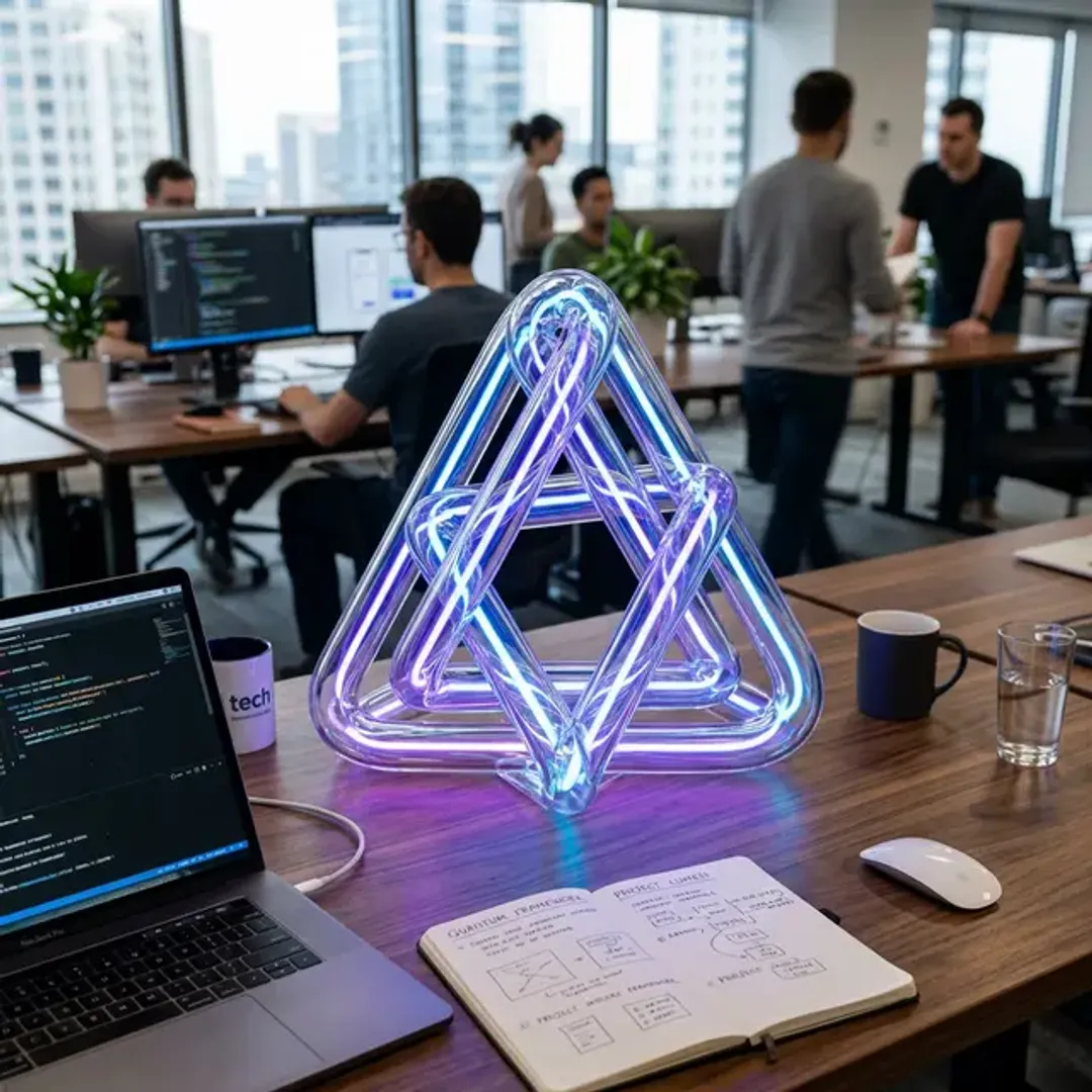 AIがもっともらしい嘘を出力するハルシネーションを象徴する、オフィスデスクに置かれた錯視効果のあるペンローズの三角形の高品質画像