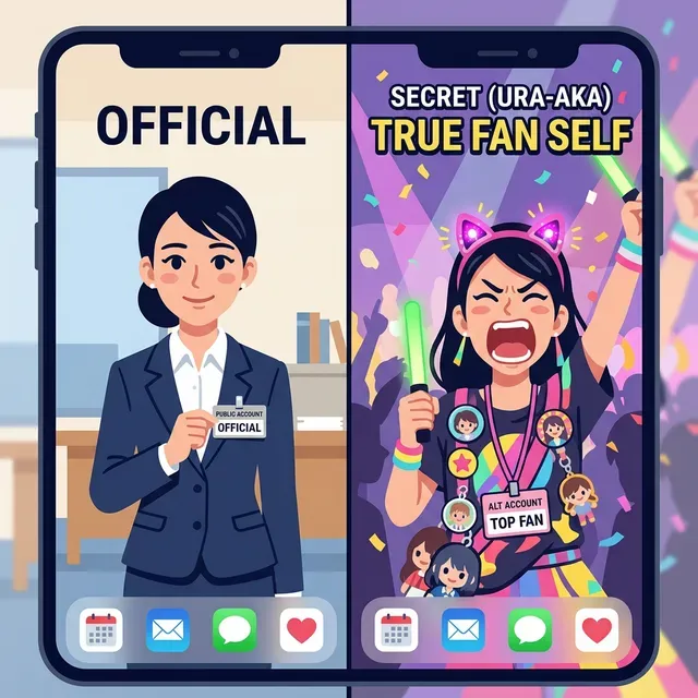 スマートフォンの画面を挟んで、表向きは「ビシッとしたスーツ姿の真面目な社員」としてオープンな発信をしているが、スマホの裏側（裏垢）では「推し活用のハチマキやペンライト」をフル装備して大声で叫んでいる、一人の人間の全く違う二つの顔の対比イメージ