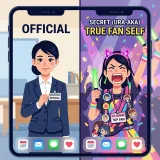 スマートフォンの画面を挟んで、表向きは「ビシッとしたスーツ姿の真面目な社員」としてオープンな発信をしているが、スマホの裏側（裏垢）では「推し活用のハチマキやペンライト」をフル装備して大声で叫んでいる、一人の人間の全く違う二つの顔の対比イメージ
