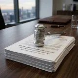 株式の買い付け条件を公開して広く株主から株を買い集めるTOB(株式公開買付)を象徴する、分厚いM&A契約書類の上に企業買収や法的手続きを意味する銀色の小槌が置かれた高品質な写真