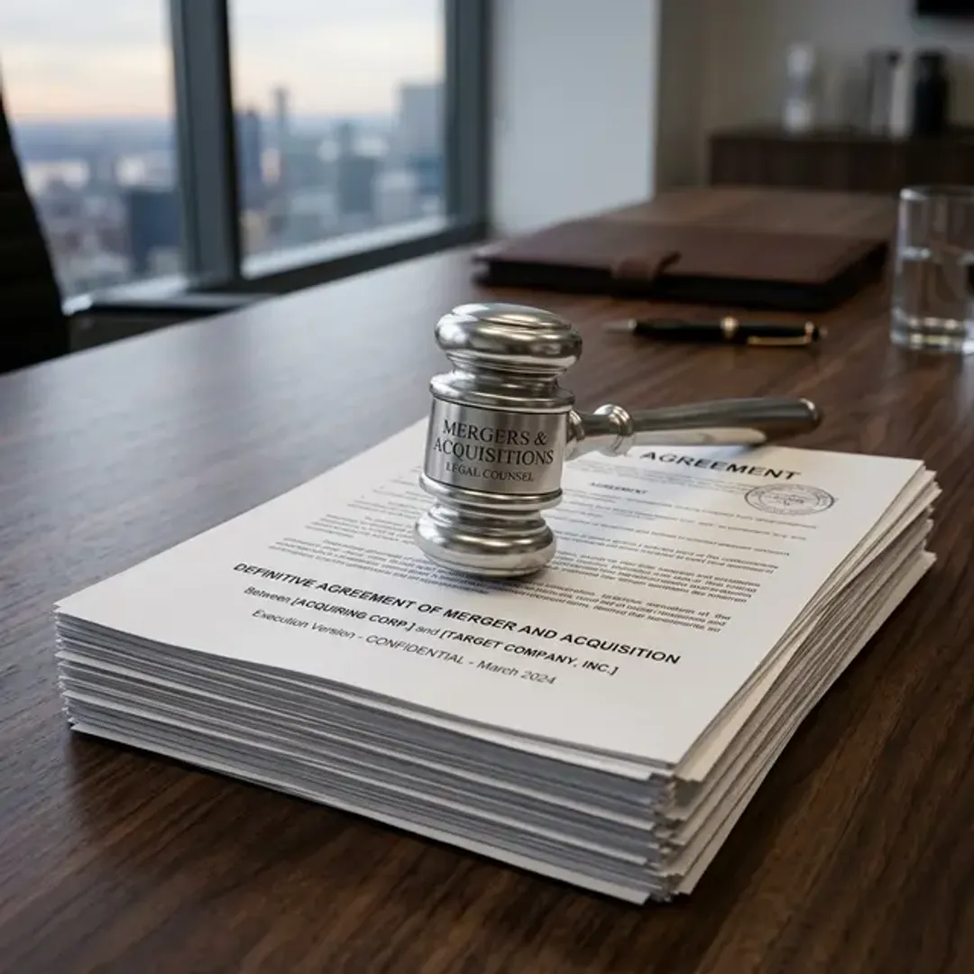 株式の買い付け条件を公開して広く株主から株を買い集めるTOB(株式公開買付)を象徴する、分厚いM&A契約書類の上に企業買収や法的手続きを意味する銀色の小槌が置かれた高品質な写真