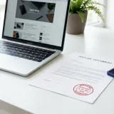 清潔な白いデスクに置かれたノートパソコン。その横には重厚な赤いインクのスタンプ（印鑑）と、正式に承認された書類が置かれ、公式な許可（オーソライズ）を表現している。
