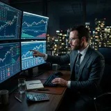 利益を見込んで事業や不動産に資金を投じる投資家を象徴する、暗いオフィスで複数の画面に映る金融市場のチャートを真剣に分析するプロの投資家の高品質な写真