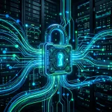 安全に暗号化通信を行うHTTPSを象徴する、通信経路上で光る南京錠の高品質なイメージ写真