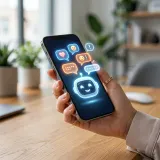 人間と会話するAIチャットボットを象徴するスマホと吹き出しアイコンの高品質な写真