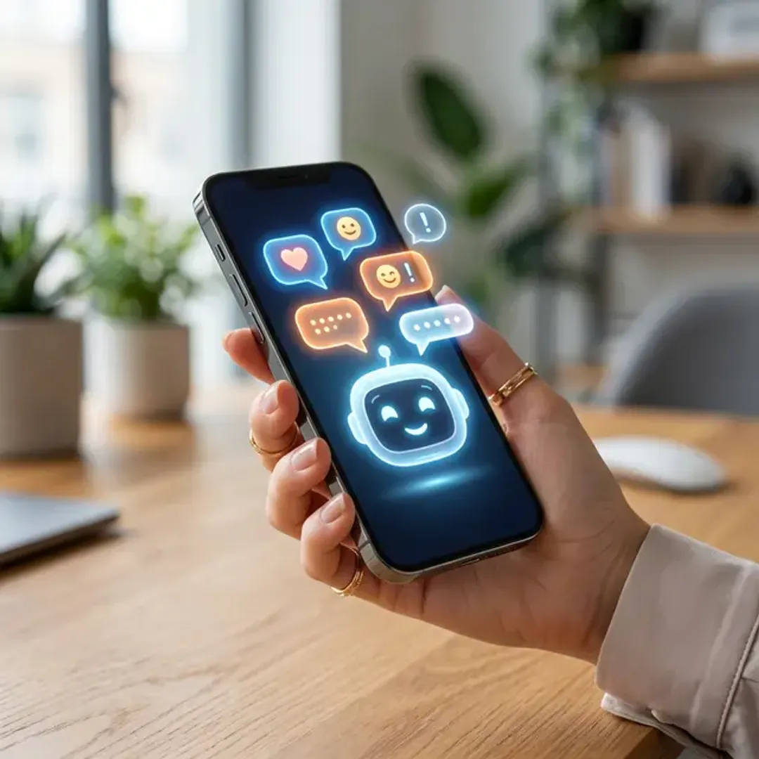 人間と会話するAIチャットボットを象徴するスマホと吹き出しアイコンの高品質な写真
