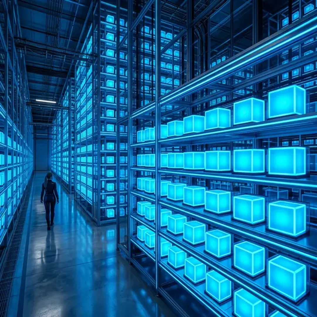 分析しやすいように構造化・整理して保管するデータウェアハウスを象徴する、均一な形のデータキューブがきっちりと陳列された巨大で美しい光る倉庫の高品質画像