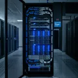 システムの平均故障間隔(連続稼働時間)を意味するMTBFを象徴する、長期にわたり安定して青く光り稼働し続けるモダンなサーバーラックの高品質写真