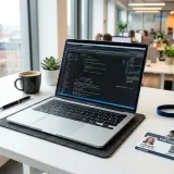 清潔な白いデスクに置かれたノートパソコン。その横には、訪問者用のバッジ（IDカード）が置かれ、窓越しにオフィス内が見えており、現場での作業（オンサイト）を表現している。