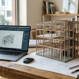 フレームワークをイメージした開発用の設計図とノートパソコンの写真