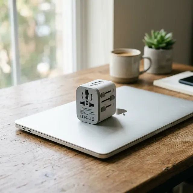木目のデスクの上にあるノートPCの上に、海外旅行用の万能変換プラグ（マルチアダプター）が置かれた様子。どの国のどんなコンセントの形でも対応できる＝「どんな業界でも持ち運びできるポータブルスキル」のイメージ