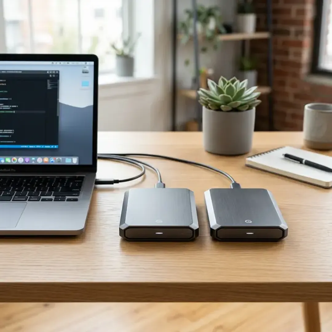 データのバックアップを表現する外付けハードディスクの高品質なイメージ写真