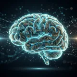 無数の文字データからなる大規模言語モデル(LLM)を象徴する電子頭脳の高品質な写真