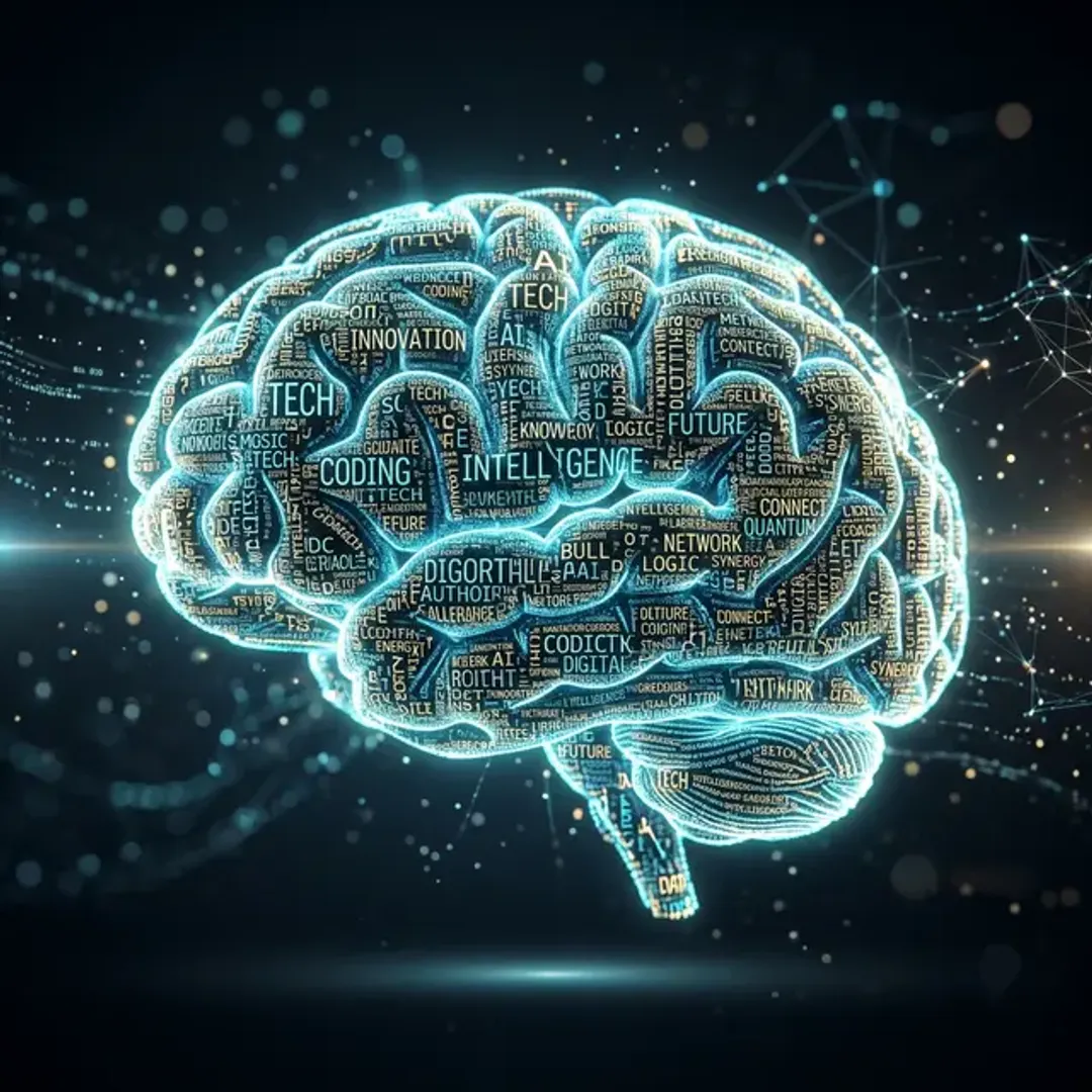 無数の文字データからなる大規模言語モデル(LLM)を象徴する電子頭脳の高品質な写真