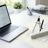 清潔な白いデスクに置かれたノートパソコン。その横には、コンパスや定規といった異なる専門道具が一緒に設計図の上に置かれ、共同作業（ジョイントベンチャー）を表現している。