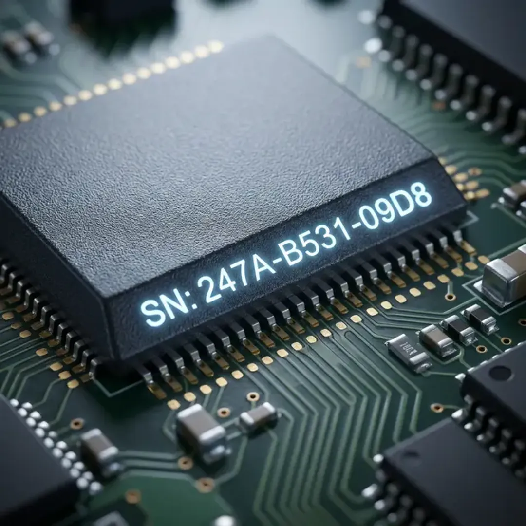 機器固有の識別番号であるMACアドレスを象徴する、チップに刻印された美しい光るシリアルの高品質画像