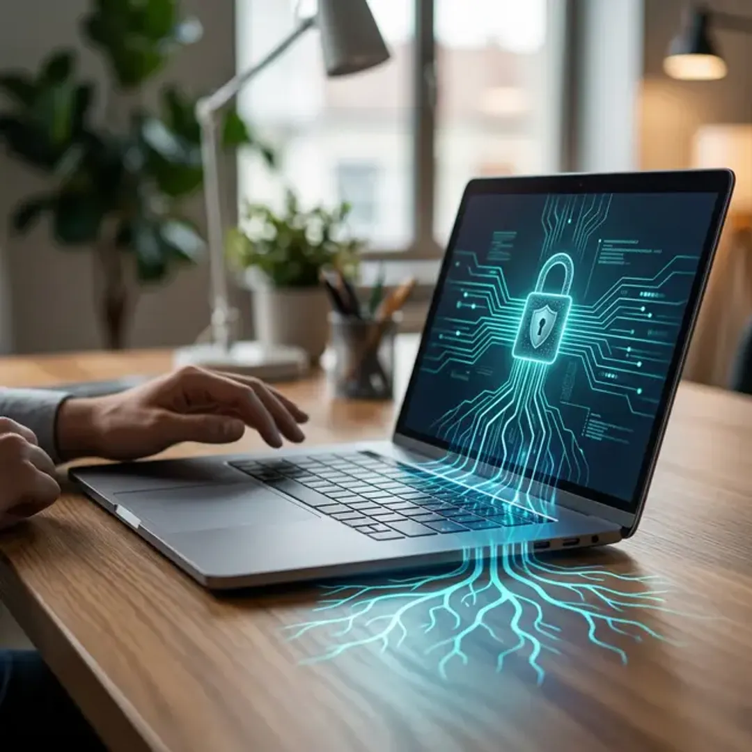 PC端末で脅威を検知・対応するEDRを象徴する、ラップトップを守るように根差し光る防御機構の高品質画像