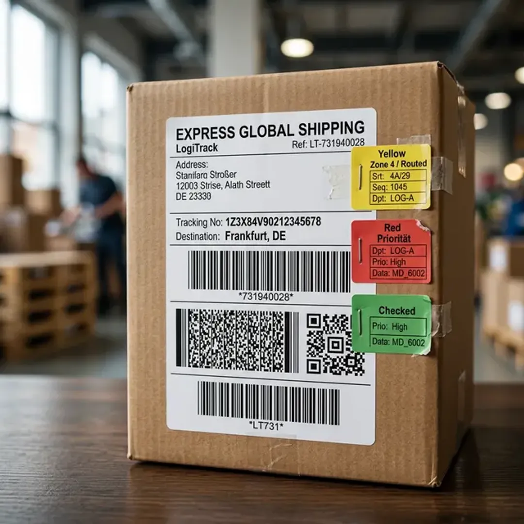 データそのものではなく「データに関するデータ」であるメタデータを象徴する、荷物に貼付された詳細な配送ラベルの高品質な写真