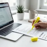 清潔な白いデスクに置かれたノートパソコン。その横では、ペンで書類の大事な箇所をハイライト（強調）している手が映り、要約（サマリー）の作成を表現している。