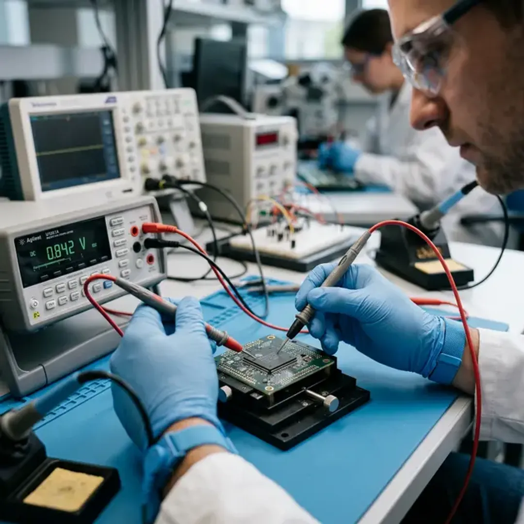 プログラムの最小単位の動作を確認するユニットテストを象徴する、テストベンチ上で極小の電子部品をテスターの針で精密に測定している高品質な写真