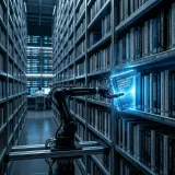 AIが外部の知識を検索して回答を生成するRAGを象徴する、膨大な書庫から適切な本をロボットアームが取り出す高品質な写真