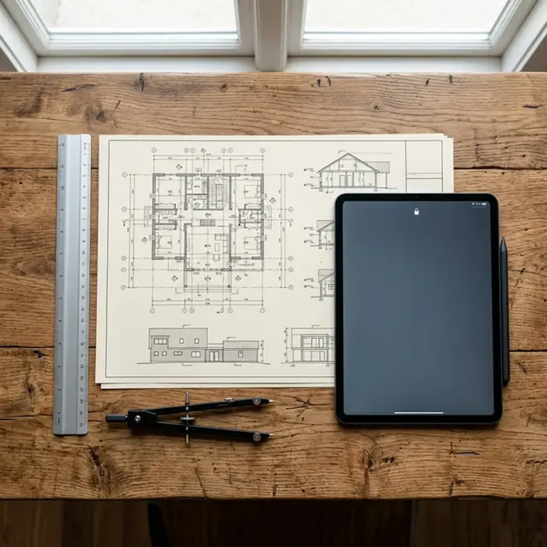 設計図やコンパスを使ったアーキテクチャ設計の高品質なイメージ写真