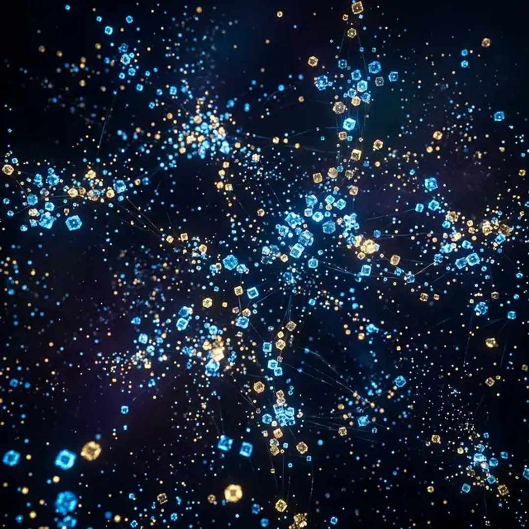WebデータをP2Pで分散保存するIPFSを象徴する、無数に広がる光るデータネットワークの高品質写真