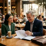 創業直後の起業家に資金を提供する個人投資家であるエンジェル投資家を象徴する、カフェで若手起業家の事業計画書を和やかに見ながらアドバイスする裕福な個人の高品質な写真