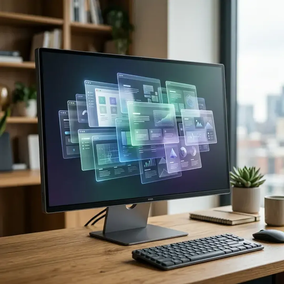 ページの閲覧数(PV)を象徴する、整然と重なり合う半透明なWebページ群の高品質な写真