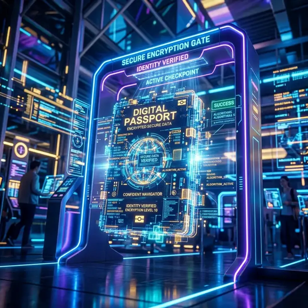 JSON形式のデータに署名を行って安全に受け渡すJWTを象徴する、暗号化されたデータブロックで作られたデジタルパスポートが検問を通過する高品質写真