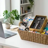 清潔な白いデスクに置かれたノートパソコン。その横には、たくさんの「無料サンプル」が入ったバスケットがあり、そのうちの一つが特別な「プレミアム」として強調され、フリーミアムの仕組みを表現している。