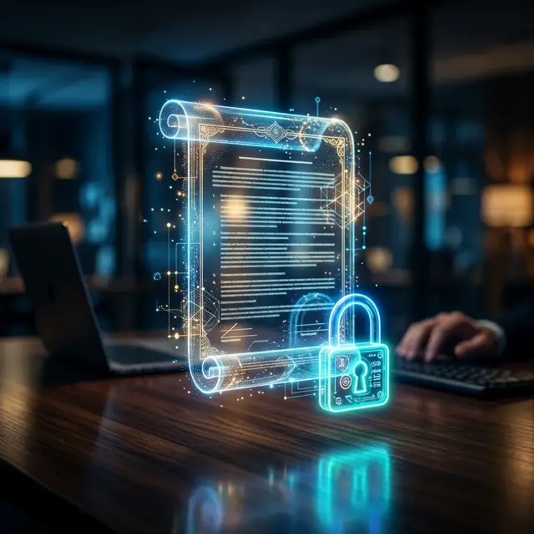ブロックチェーン上で自動実行されるスマートコントラクトを象徴するデジタル契約書の高品質な写真