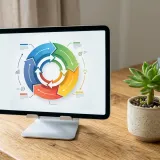 タブレットの画面に表示された、円を描く矢印のアイコン。その横には小さな観葉植物が置かれ、成長と改善を表現している。明るい自然光のプロフェッショナルな写真。