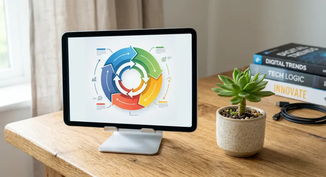 タブレットの画面に表示された、円を描く矢印のアイコン。その横には小さな観葉植物が置かれ、成長と改善を表現している。明るい自然光のプロフェッショナルな写真。